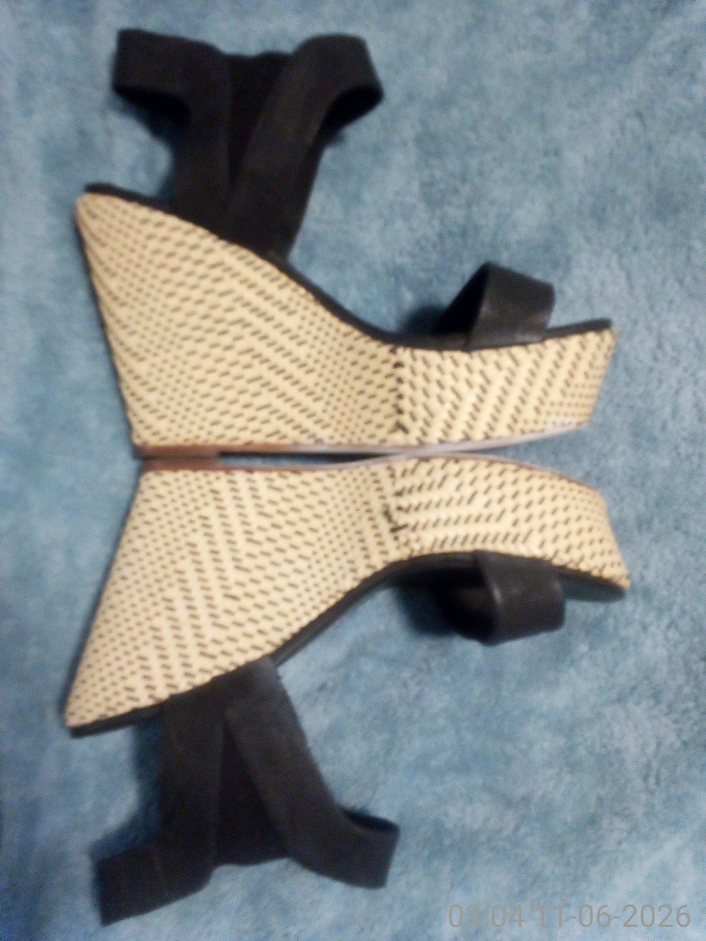 Black Strap Wedge Sandals with Natural Woven Platform
